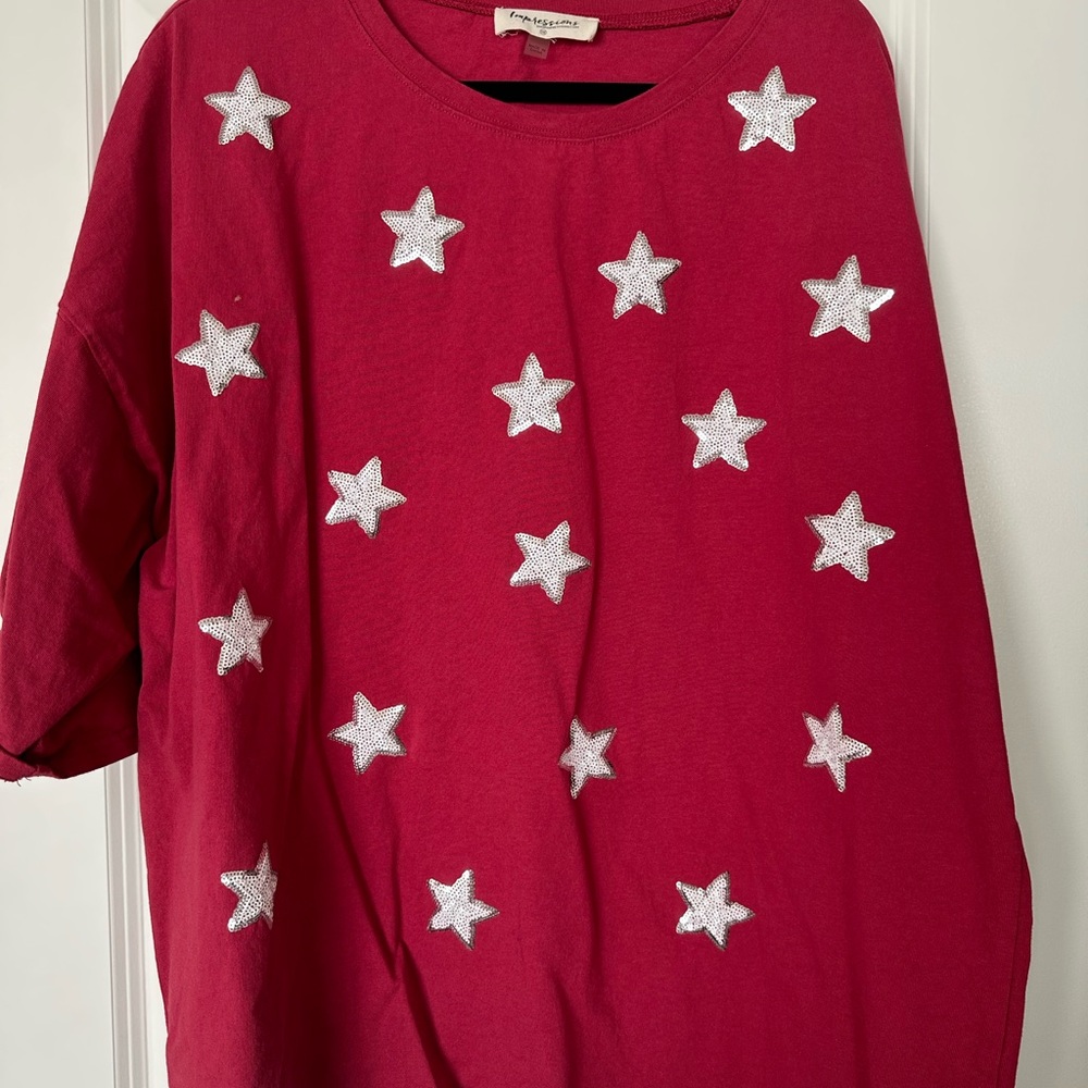 Impressions Red and Silver Short Sleeve Tee with Sequin Star Pattern